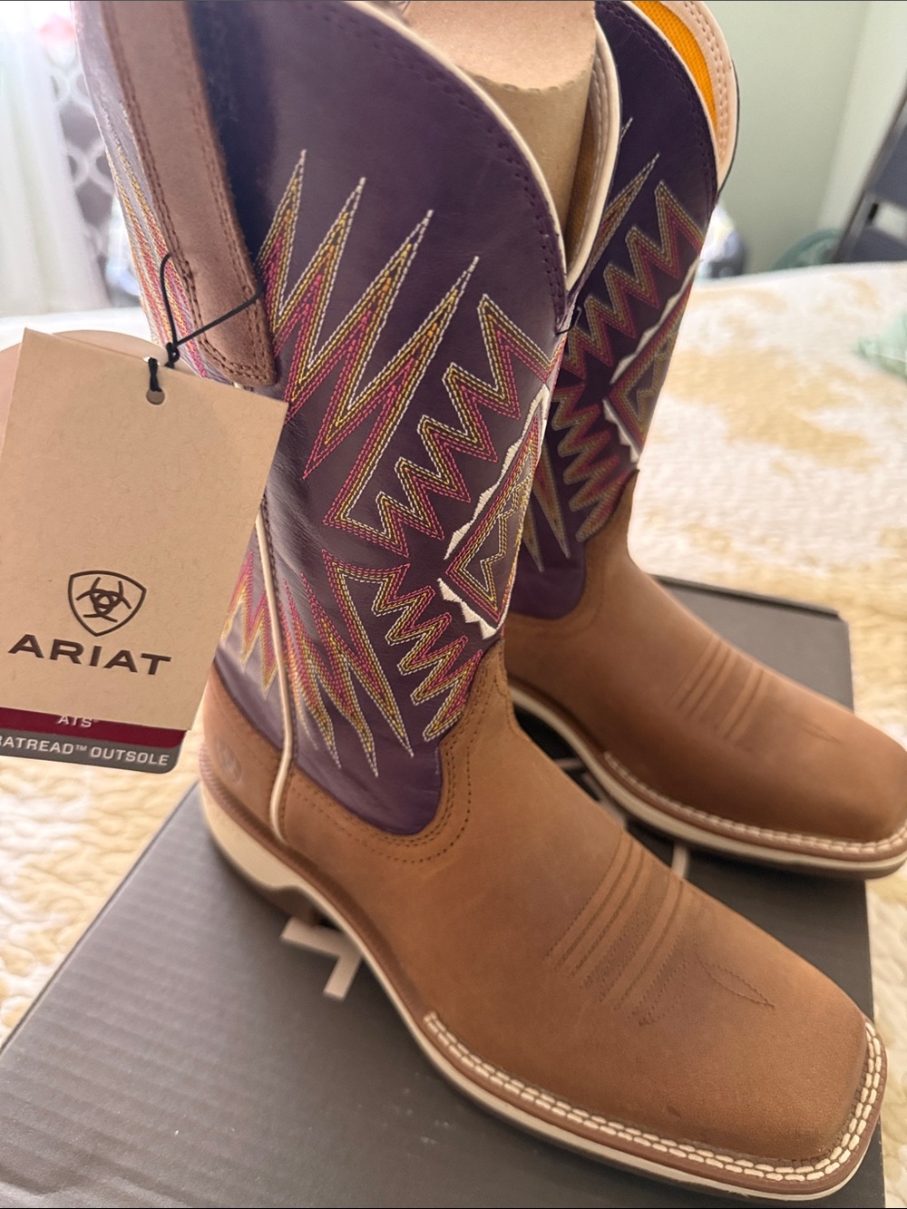 Ariat Brown Leather Cowboy Boots with Purple Embroidered Shaft - Picture 2 of 6